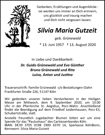 Anzeige von Silvia Maria Gutzeit von Kölner Stadt-Anzeiger / Kölnische Rundschau / Express