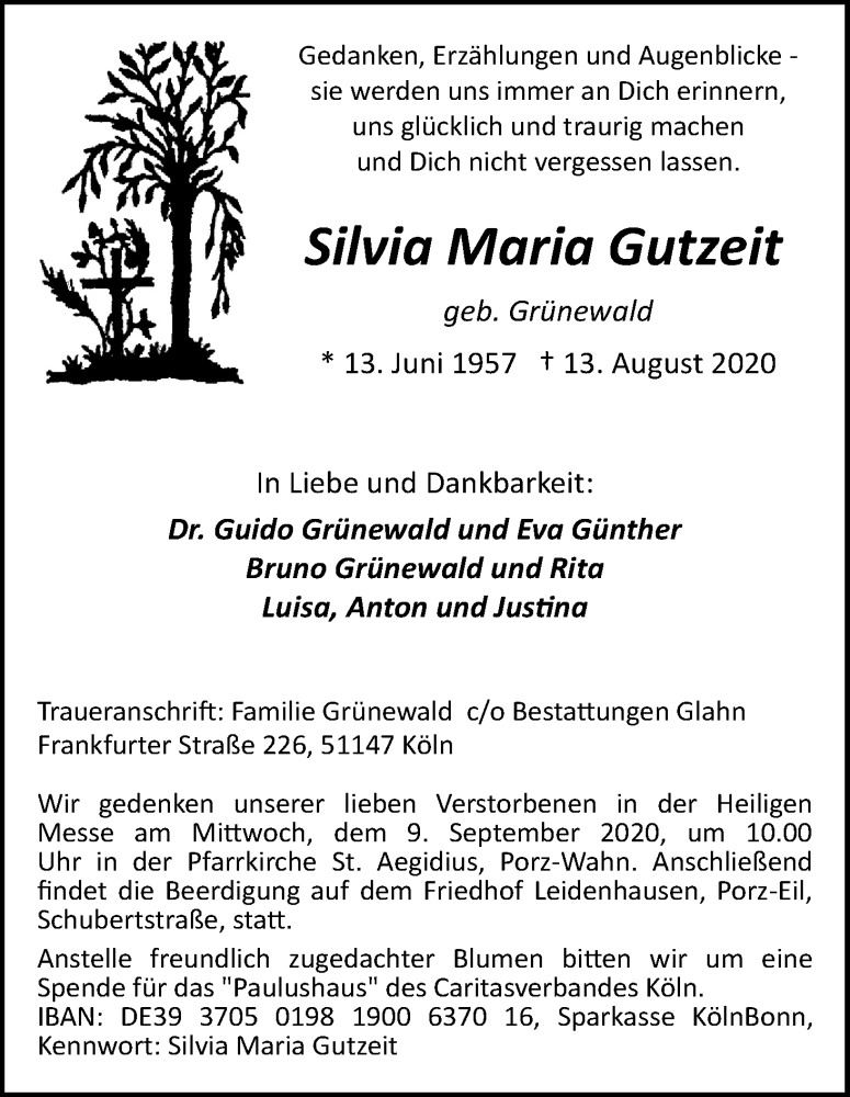  Traueranzeige für Silvia Maria Gutzeit vom 22.08.2020 aus Kölner Stadt-Anzeiger / Kölnische Rundschau / Express
