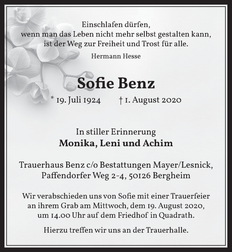  Traueranzeige für Sofie Benz vom 14.08.2020 aus  Werbepost 