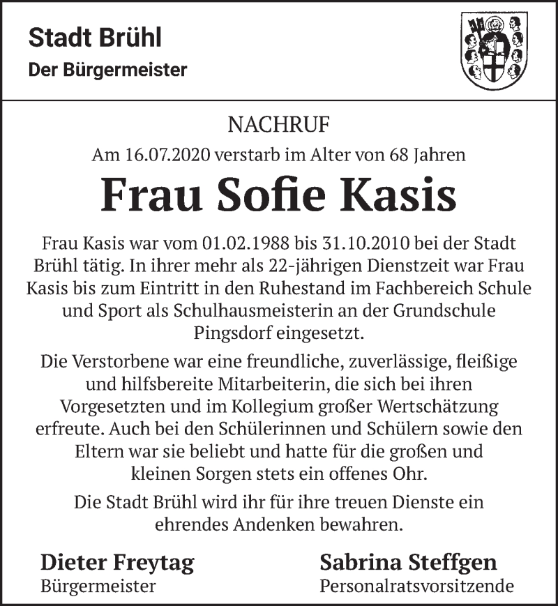  Traueranzeige für Sofie Kasis vom 07.08.2020 aus  Schlossbote/Werbekurier 