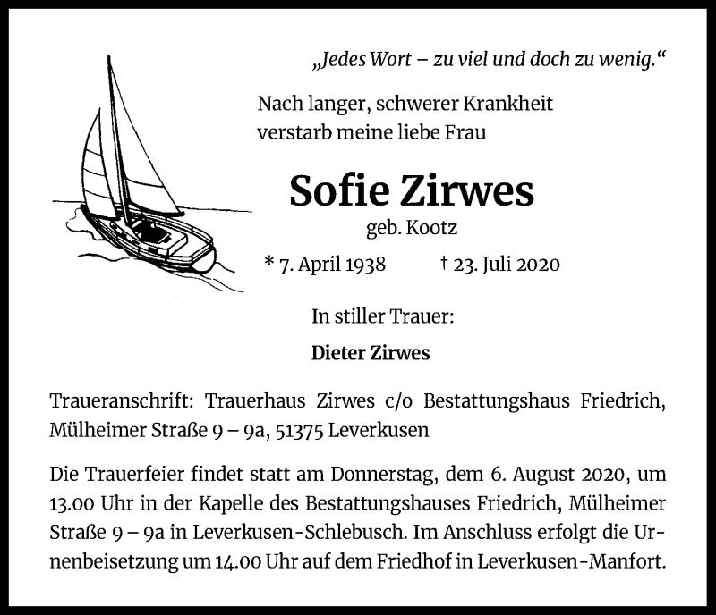  Traueranzeige für Sofie Zirwes vom 01.08.2020 aus Kölner Stadt-Anzeiger / Kölnische Rundschau / Express