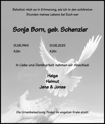 Anzeige von Sonja Born von Kölner Stadt-Anzeiger / Kölnische Rundschau / Express