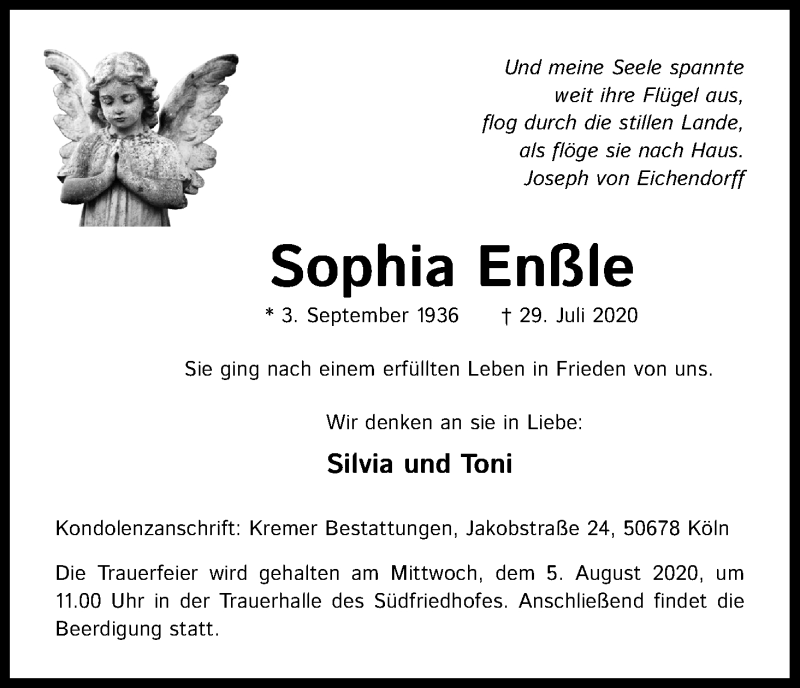  Traueranzeige für Sophia Enßle vom 01.08.2020 aus Kölner Stadt-Anzeiger / Kölnische Rundschau / Express