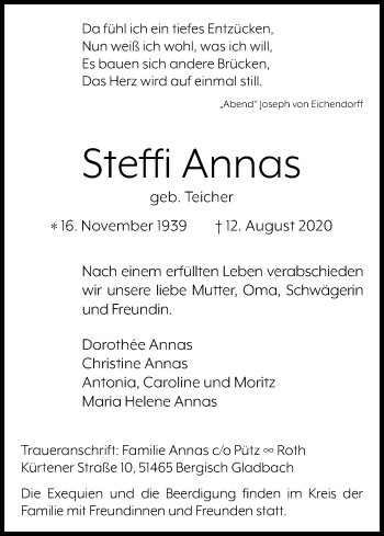 Anzeige von Steffi Annas von Kölner Stadt-Anzeiger / Kölnische Rundschau / Express