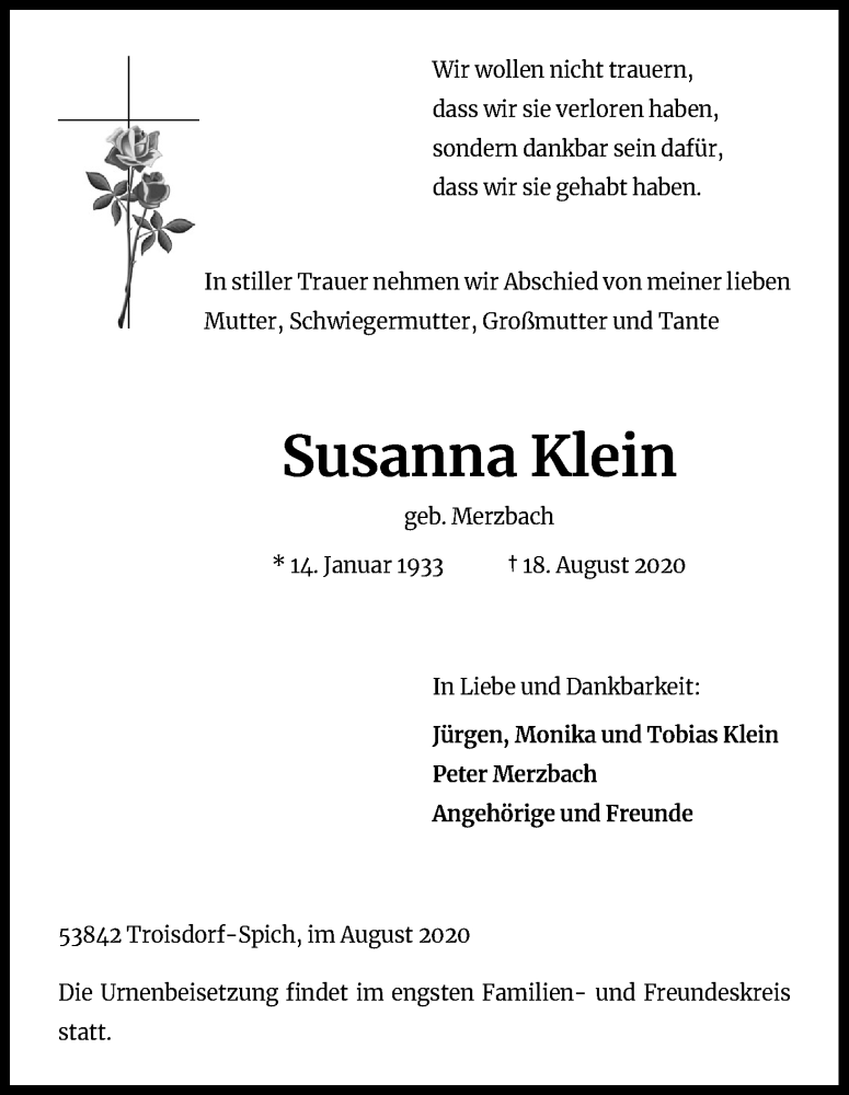  Traueranzeige für Susanna Klein vom 22.08.2020 aus Kölner Stadt-Anzeiger / Kölnische Rundschau / Express