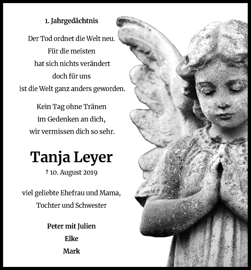  Traueranzeige für Tanja Leyer vom 08.08.2020 aus Kölner Stadt-Anzeiger / Kölnische Rundschau / Express