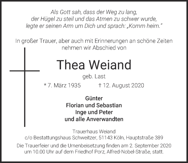  Traueranzeige für Thea Weiand vom 21.08.2020 aus  Kölner Wochenspiegel 