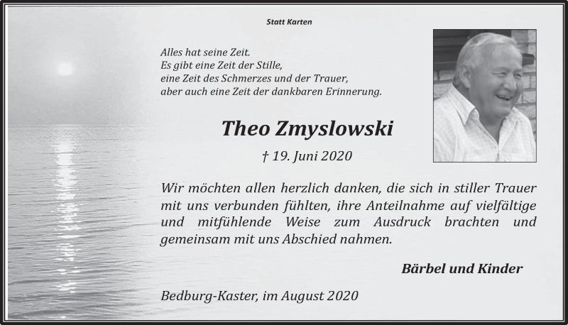  Traueranzeige für Theo Zmyslowski vom 14.08.2020 aus  Werbepost 