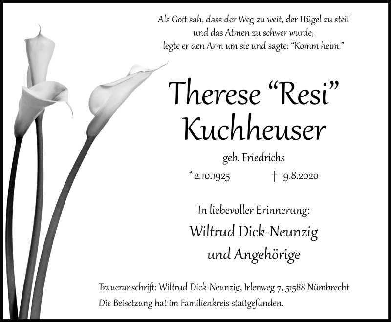  Traueranzeige für Therese Kuchheuser vom 28.08.2020 aus  Lokalanzeiger 