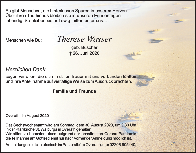  Traueranzeige für Therese Wasser vom 22.08.2020 aus Kölner Stadt-Anzeiger / Kölnische Rundschau / Express
