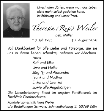 Anzeige von Theresia Weiler von Kölner Stadt-Anzeiger / Kölnische Rundschau / Express