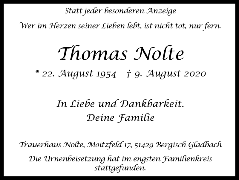  Traueranzeige für Thomas Nolte vom 22.08.2020 aus Kölner Stadt-Anzeiger / Kölnische Rundschau / Express