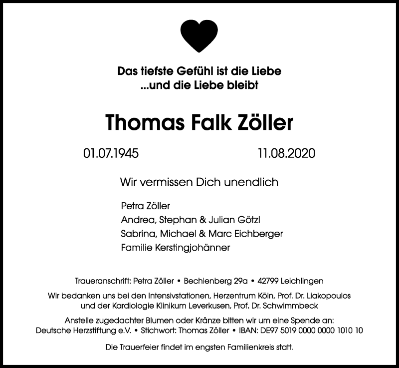  Traueranzeige für Thomas Falk Zöller vom 22.08.2020 aus Kölner Stadt-Anzeiger / Kölnische Rundschau / Express
