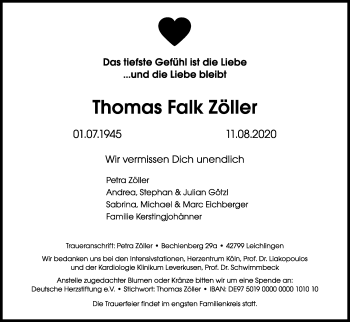 Anzeige von Thomas Falk Zöller von Kölner Stadt-Anzeiger / Kölnische Rundschau / Express