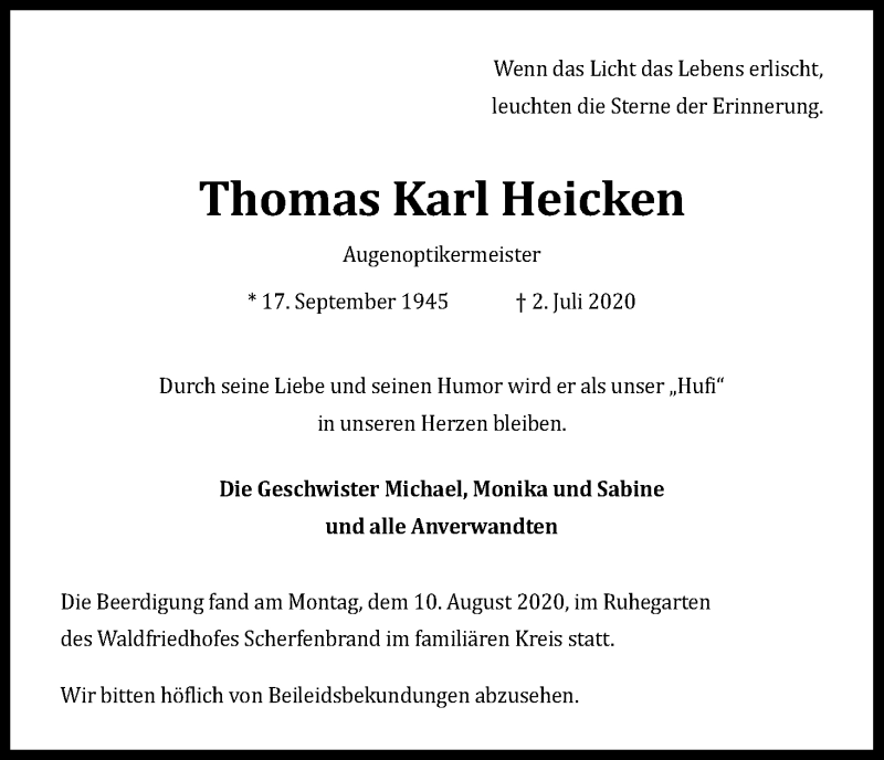  Traueranzeige für Thomas Karl Heicken vom 12.08.2020 aus Kölner Stadt-Anzeiger / Kölnische Rundschau / Express