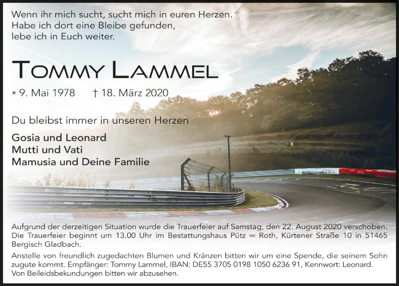  Traueranzeige für Tommy Lammel vom 07.08.2020 aus  Bergisches Handelsblatt 