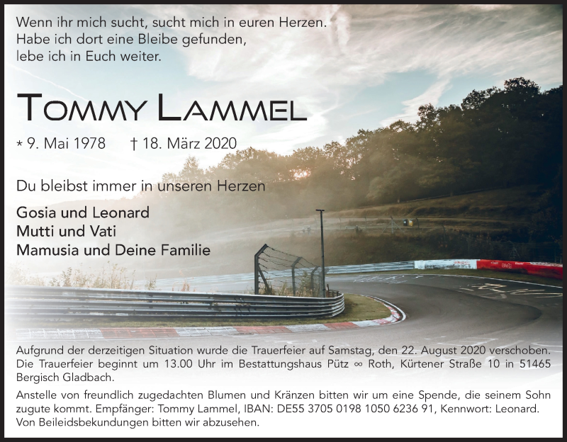  Traueranzeige für Tommy Lammel vom 08.08.2020 aus Kölner Stadt-Anzeiger / Kölnische Rundschau / Express