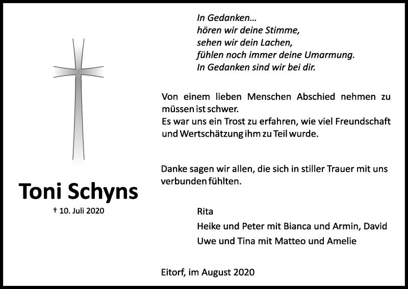  Traueranzeige für Toni Schyns vom 22.08.2020 aus Kölner Stadt-Anzeiger / Kölnische Rundschau / Express