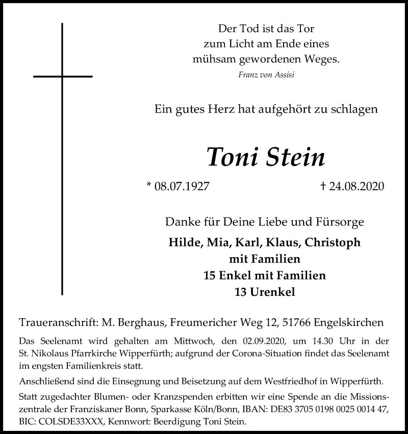  Traueranzeige für Toni Stein vom 28.08.2020 aus Kölner Stadt-Anzeiger / Kölnische Rundschau / Express