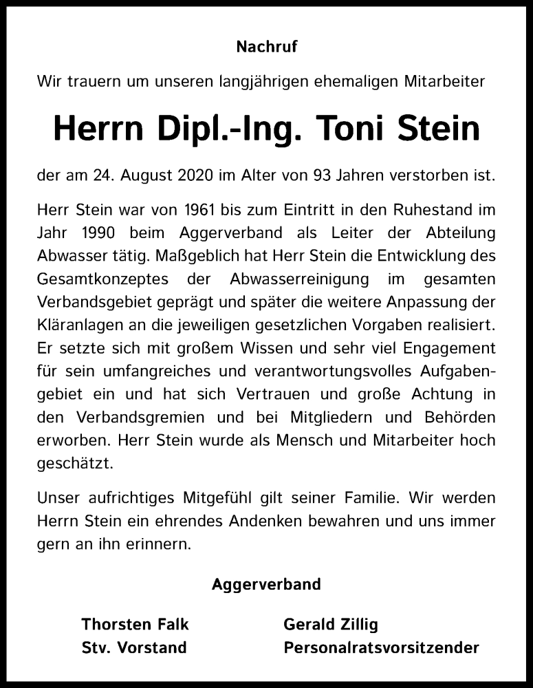  Traueranzeige für Toni Stein vom 29.08.2020 aus Kölner Stadt-Anzeiger / Kölnische Rundschau / Express
