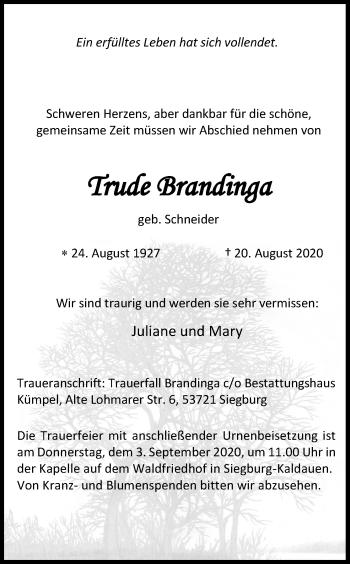 Anzeige von Trude Brandinga von Kölner Stadt-Anzeiger / Kölnische Rundschau / Express