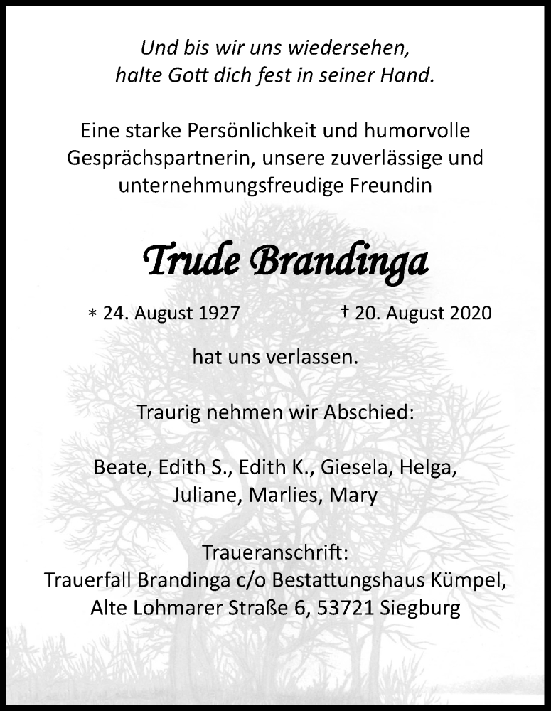  Traueranzeige für Trude Brandinga vom 29.08.2020 aus Kölner Stadt-Anzeiger / Kölnische Rundschau / Express