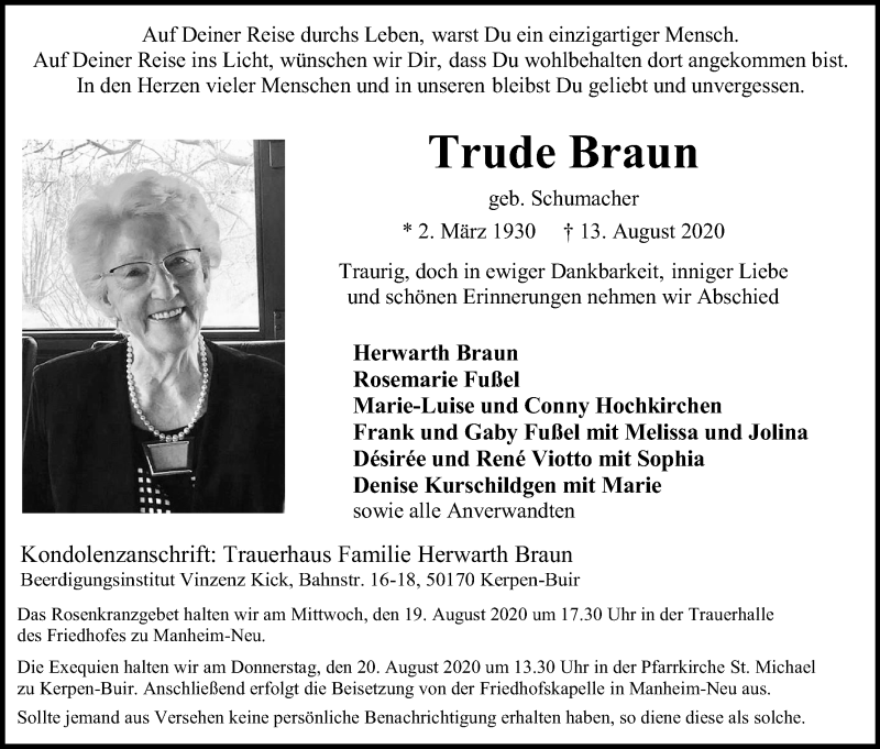  Traueranzeige für Trude Braun vom 18.08.2020 aus Kölner Stadt-Anzeiger / Kölnische Rundschau / Express