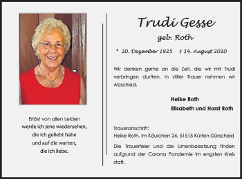 Anzeige von Trudi Gesse von Kölner Stadt-Anzeiger / Kölnische Rundschau / Express