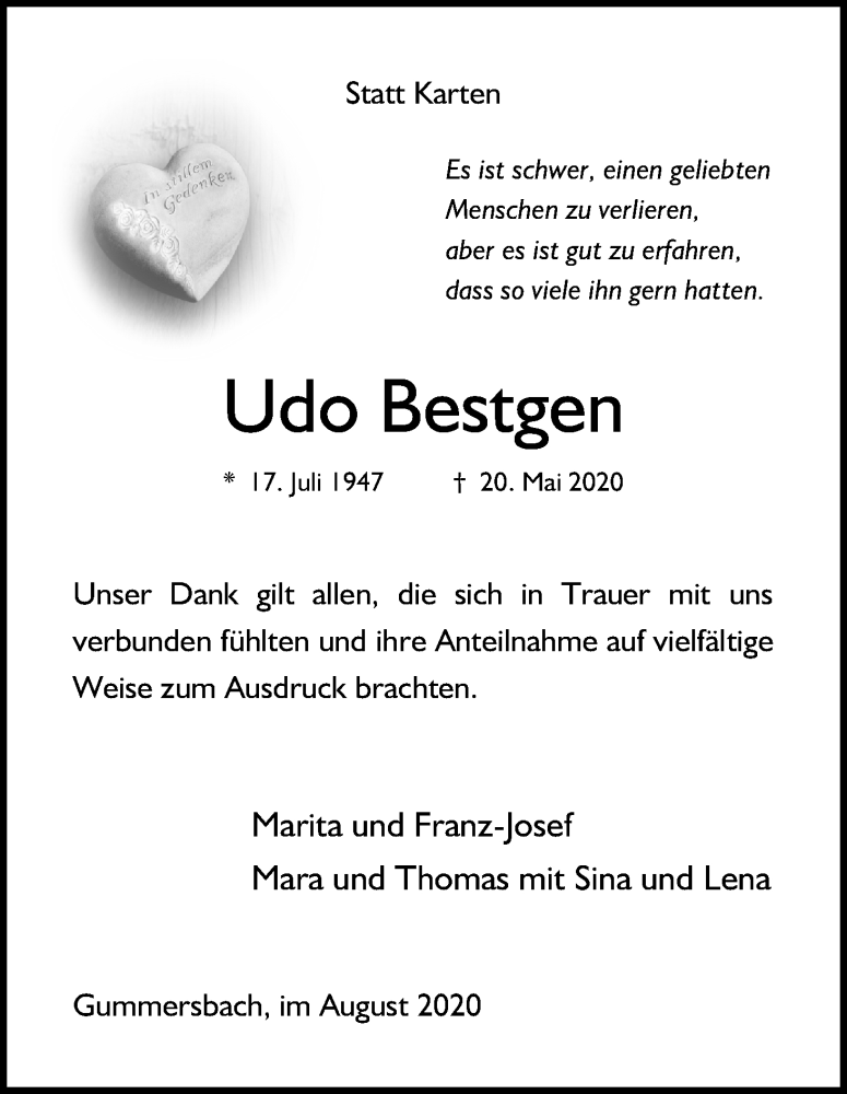 Traueranzeige für Udo Bestgen vom 01.08.2020 aus Kölner Stadt-Anzeiger / Kölnische Rundschau / Express