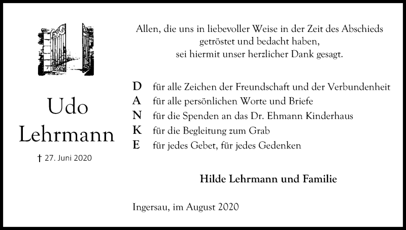  Traueranzeige für Udo Lehrmann vom 21.08.2020 aus Kölner Stadt-Anzeiger / Kölnische Rundschau / Express