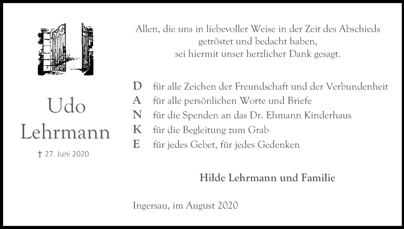  Traueranzeige für Udo Lehrmann vom 08.08.2020 aus Kölner Stadt-Anzeiger / Kölnische Rundschau / Express