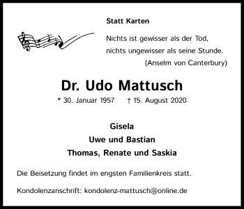 Anzeige von Udo Mattusch von Kölner Stadt-Anzeiger / Kölnische Rundschau / Express