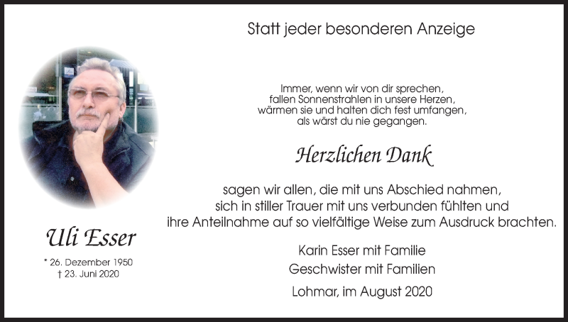  Traueranzeige für Uli Esser vom 15.08.2020 aus Kölner Stadt-Anzeiger / Kölnische Rundschau / Express