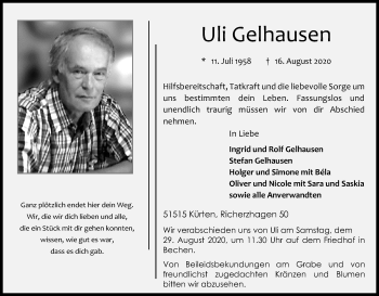 Anzeige von Uli Gelhausen von Kölner Stadt-Anzeiger / Kölnische Rundschau / Express