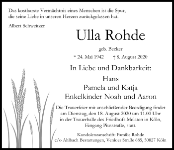 Anzeige von Ulla Rohde von Kölner Stadt-Anzeiger / Kölnische Rundschau / Express
