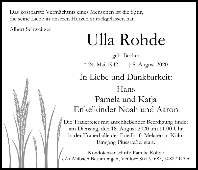  Traueranzeige für Ulla Rohde vom 15.08.2020 aus Kölner Stadt-Anzeiger / Kölnische Rundschau / Express