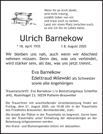 Anzeige von Ulrich Barnekow von  Wochenende 