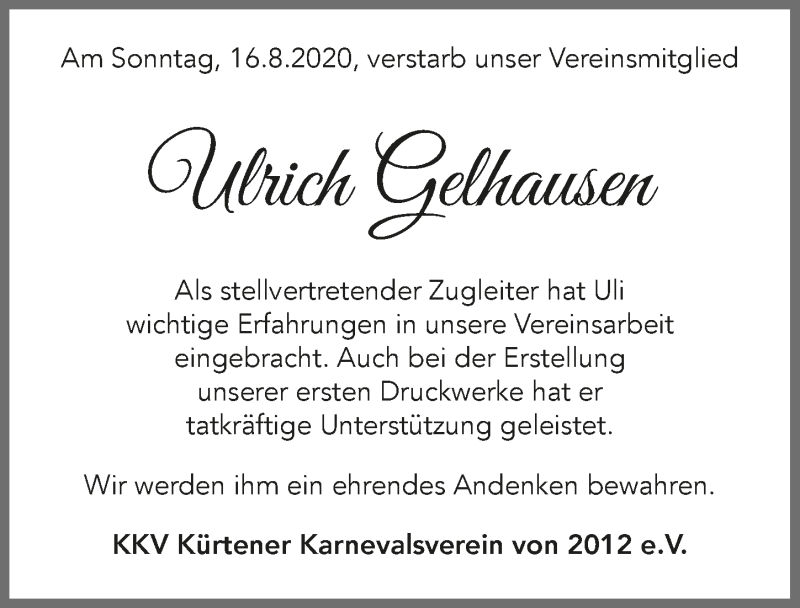  Traueranzeige für Ulrich Gelhausen vom 28.08.2020 aus  Bergisches Handelsblatt 
