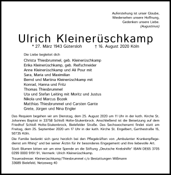 Anzeige von Ulrich Kleinerüschkamp von Kölner Stadt-Anzeiger / Kölnische Rundschau / Express