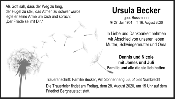 Anzeige von Ursula Becker von Kölner Stadt-Anzeiger / Kölnische Rundschau / Express