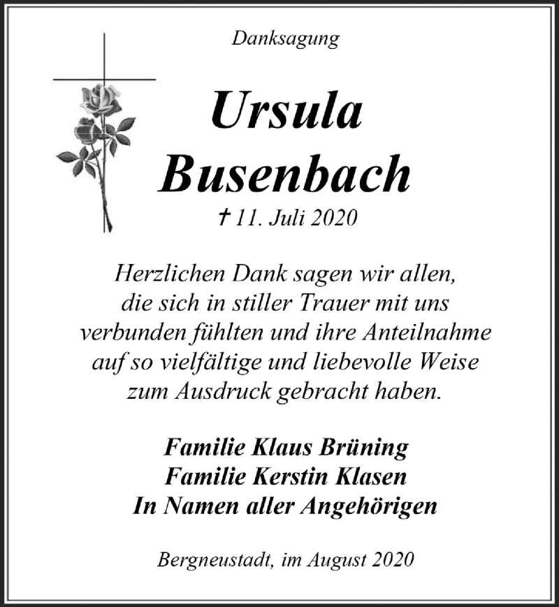  Traueranzeige für Ursula Busenbach vom 21.08.2020 aus  Anzeigen Echo 