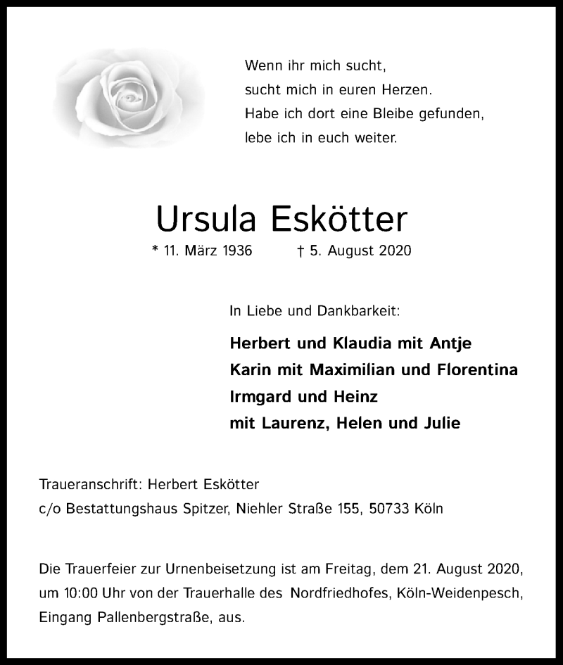  Traueranzeige für Ursula Eskötter vom 15.08.2020 aus Kölner Stadt-Anzeiger / Kölnische Rundschau / Express