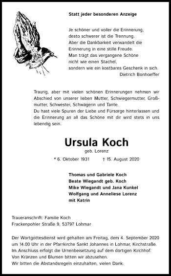 Anzeige von Ursula Koch von Kölner Stadt-Anzeiger / Kölnische Rundschau / Express