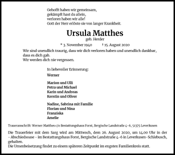 Anzeige von Ursula Matthes von Kölner Stadt-Anzeiger / Kölnische Rundschau / Express
