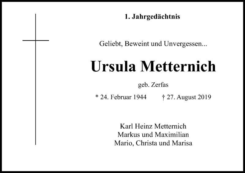  Traueranzeige für Ursula Metternich vom 29.08.2020 aus Kölner Stadt-Anzeiger / Kölnische Rundschau / Express