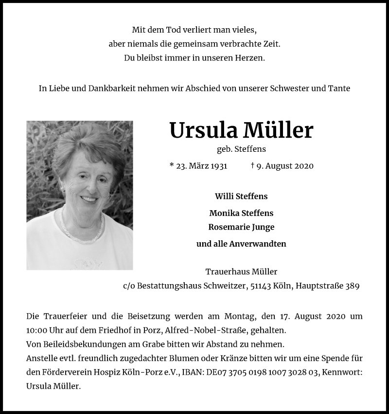  Traueranzeige für Ursula Müller vom 15.08.2020 aus Kölner Stadt-Anzeiger / Kölnische Rundschau / Express