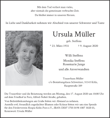 Anzeige von Ursula Müller von  Kölner Wochenspiegel 