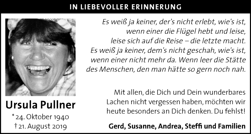  Traueranzeige für Ursula Pullner vom 21.08.2020 aus Kölner Stadt-Anzeiger / Kölnische Rundschau / Express