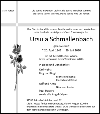 Anzeige von Ursula Schmallenbach von Kölner Stadt-Anzeiger / Kölnische Rundschau / Express