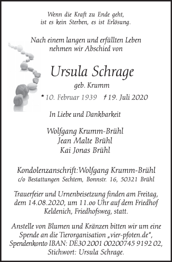 Anzeige von Ursula Schrage von  Schlossbote/Werbekurier 